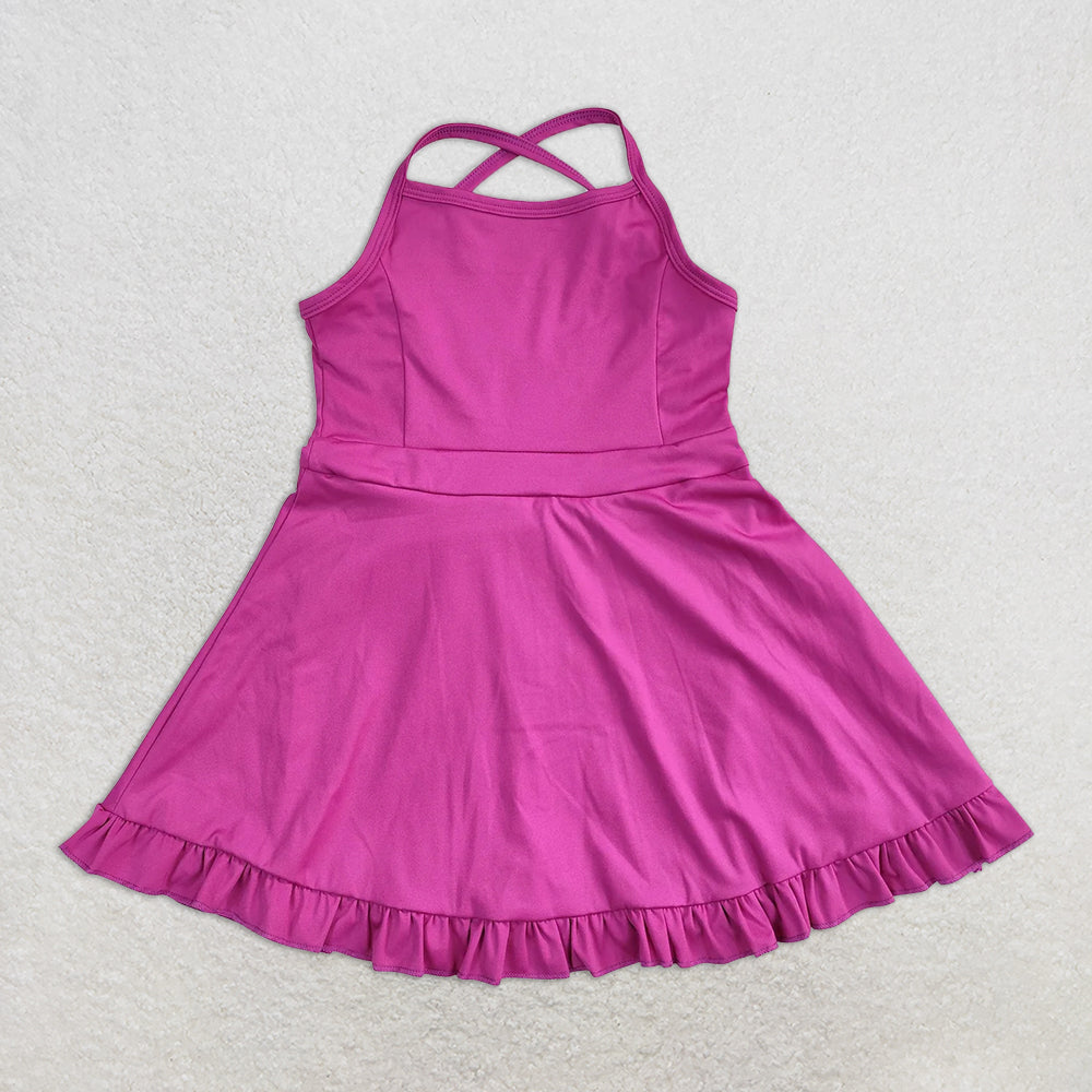 RTS NO MOQ Baby Girls Summer Kids Dresses S0441 Wine Knit Knee Length Active Wear Athletic Dresses