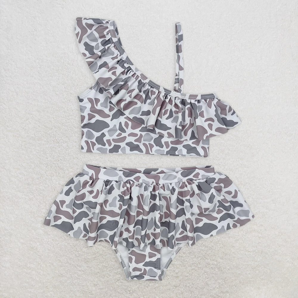 RTS NO MOQ Baby Girls Summer Outifts S0457 Grey Camo Ruffle Top Bummie Two Pieces Swimsuits