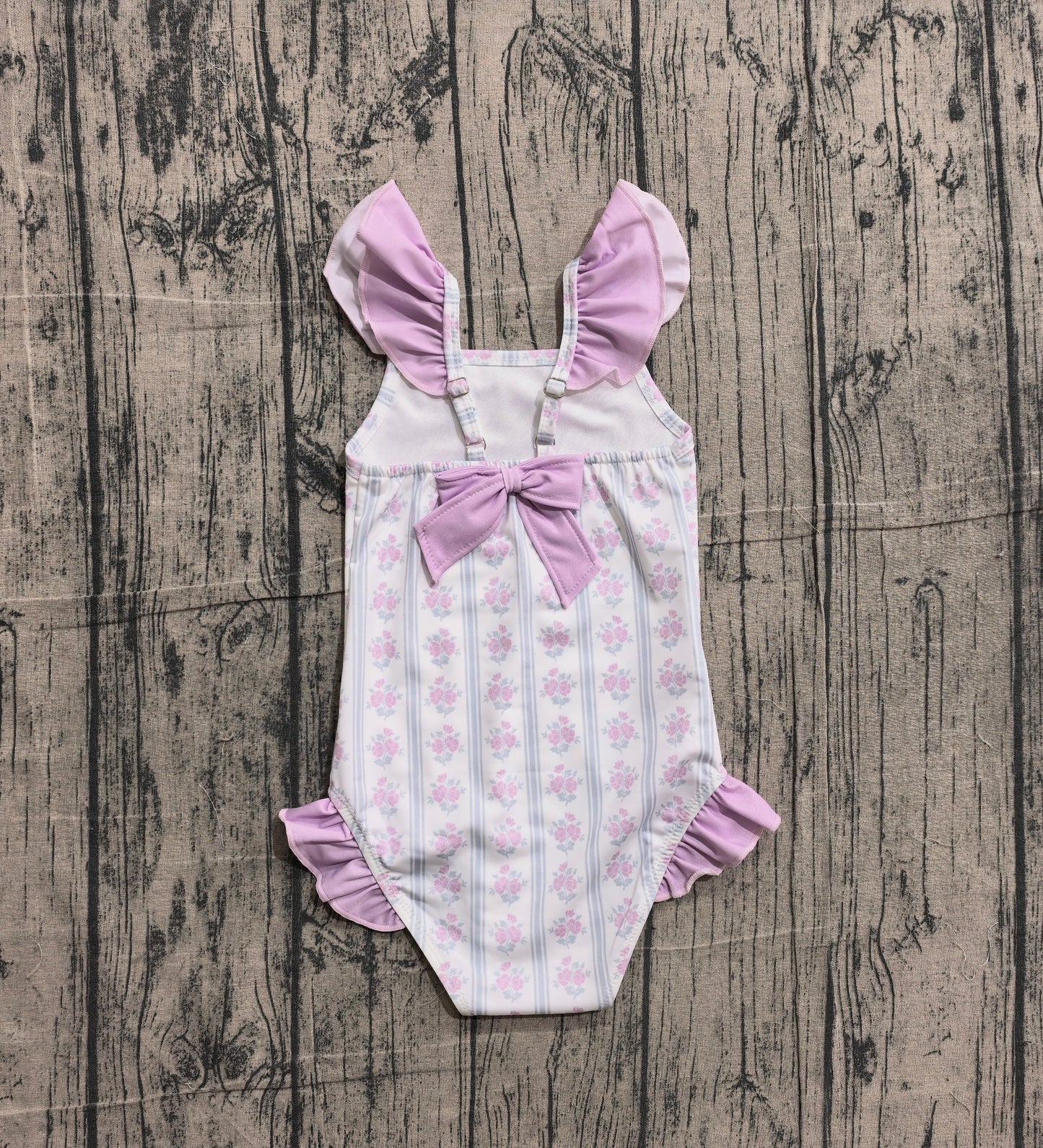 ( No moq ) Preorder Baby Girls Sleeveless Flower 4th of July Purple Ruffle One-piece Swimsuit