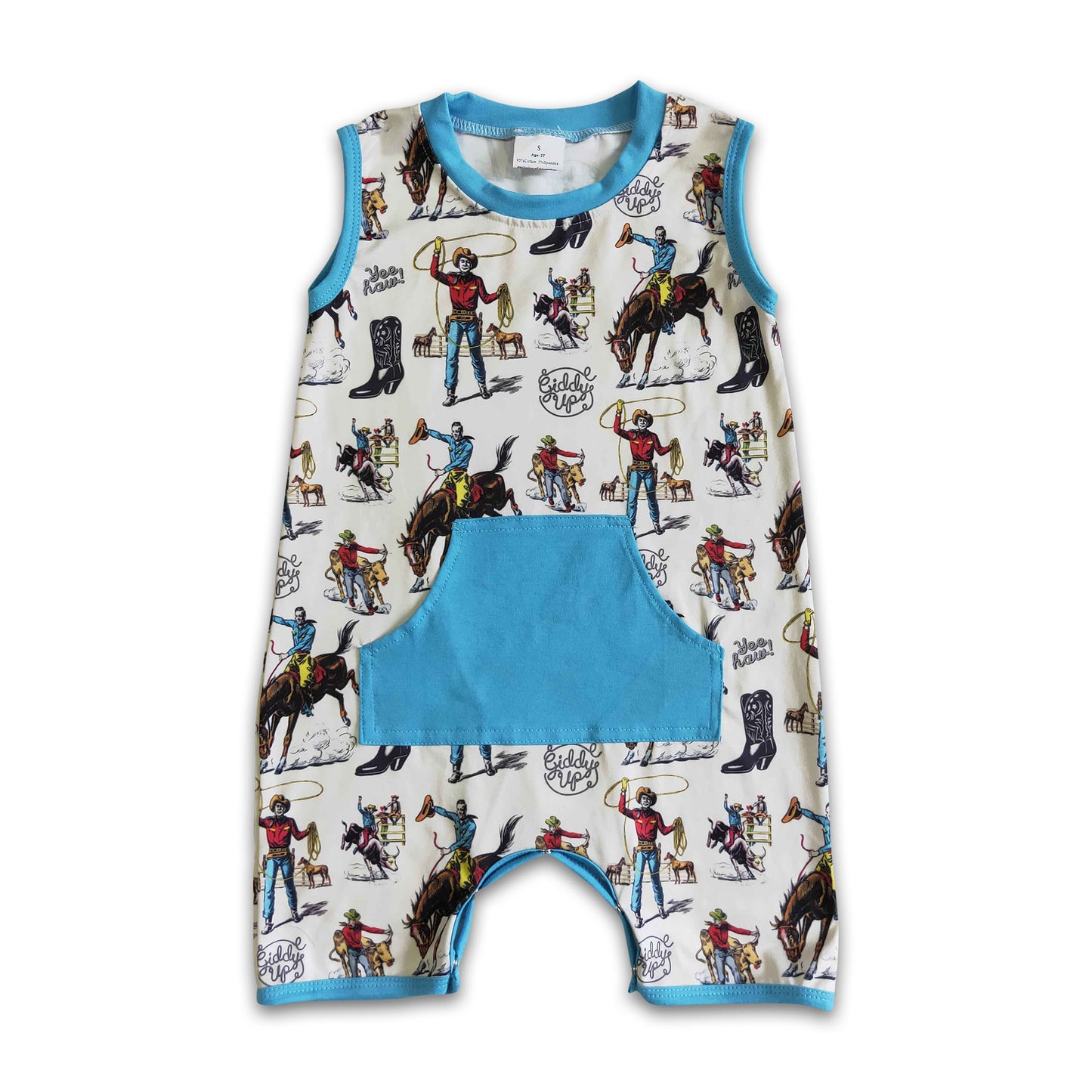 6.21 RTS NO MOQ Baby Boys Summer Bodysuit SR0043 Western Sleeveless Horse Boots Pocket Rompers