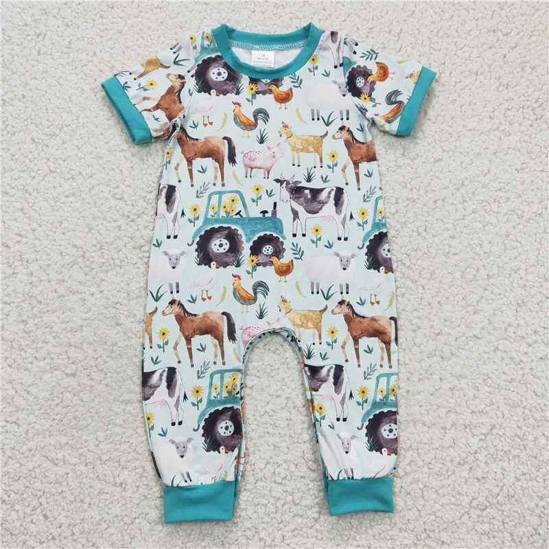 RTS NO MOQ Summer Sibling Baby Kids Short Sleeve Horse Pig Cow Chicken Farm Rompers Dresses