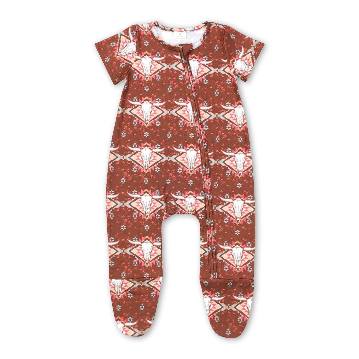 RTS NO MOQ Baby Boys Summer Bodysuit SR0199 Western Aztec Cow Brown Short Sleeve Footie Rompers