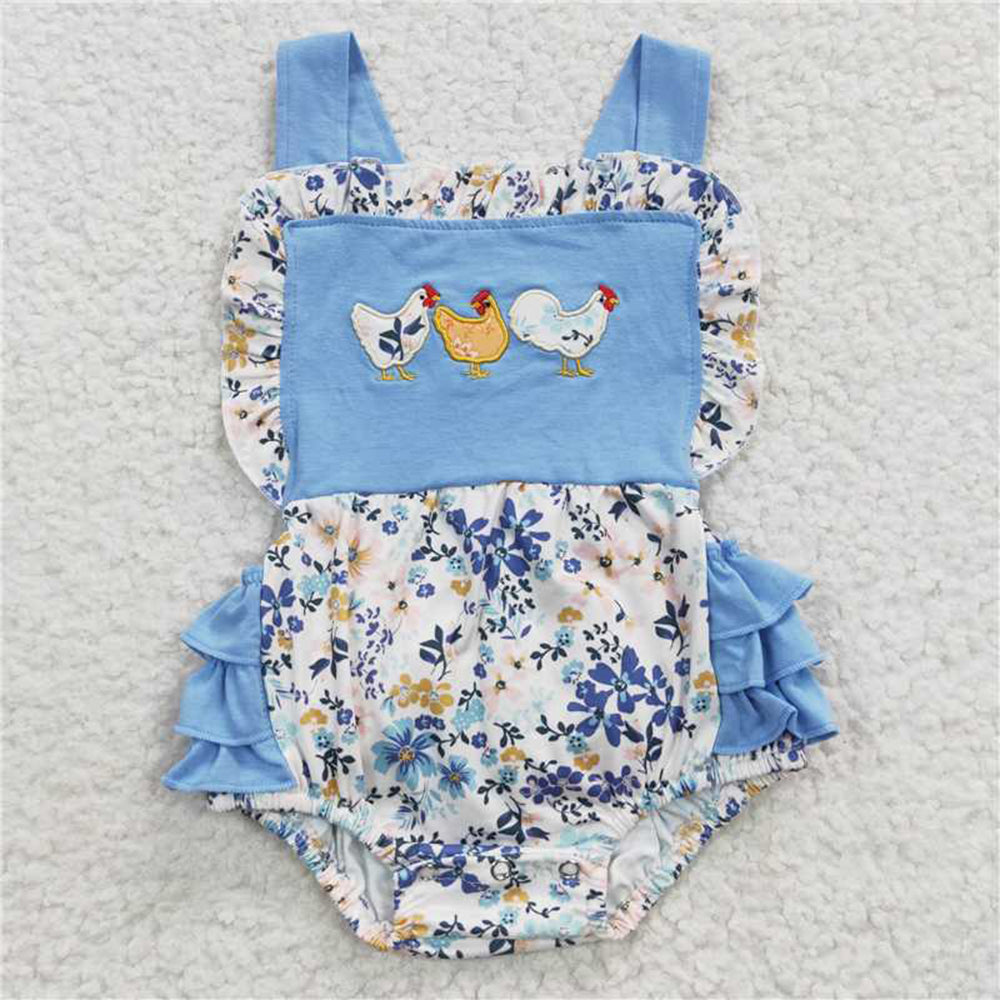5.24 RTS NO MOQ Summer Sibling Baby Girls Blue Chicken Rompers Clothes Sets