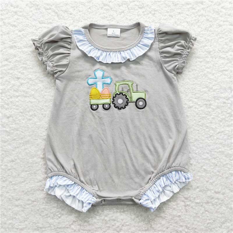 RTS NO MOQ Summer Sibling Baby Boys Girls Easter Egges Tractor Short Sleeve Rompers Sets