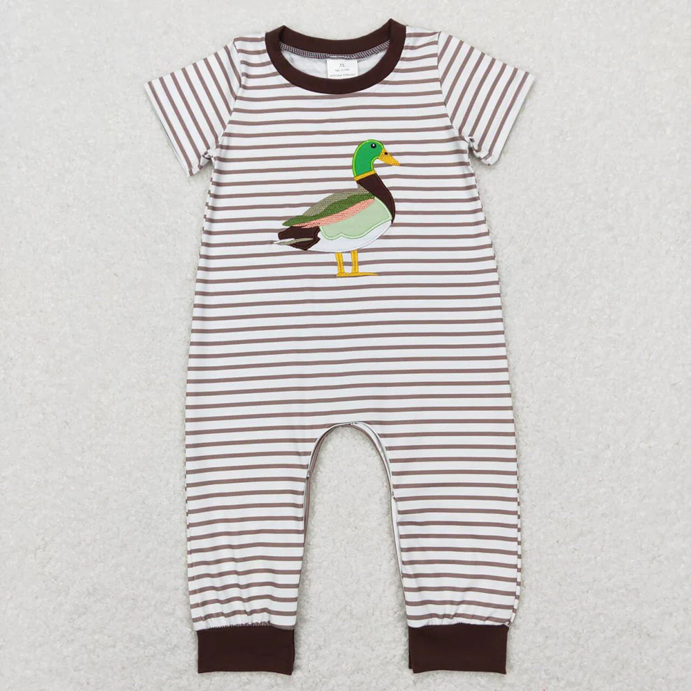 RTS NO MOQ Summer Sibling Baby Boys Duck Brown Embroidery Short Sleeve Stripe Romper Outfits