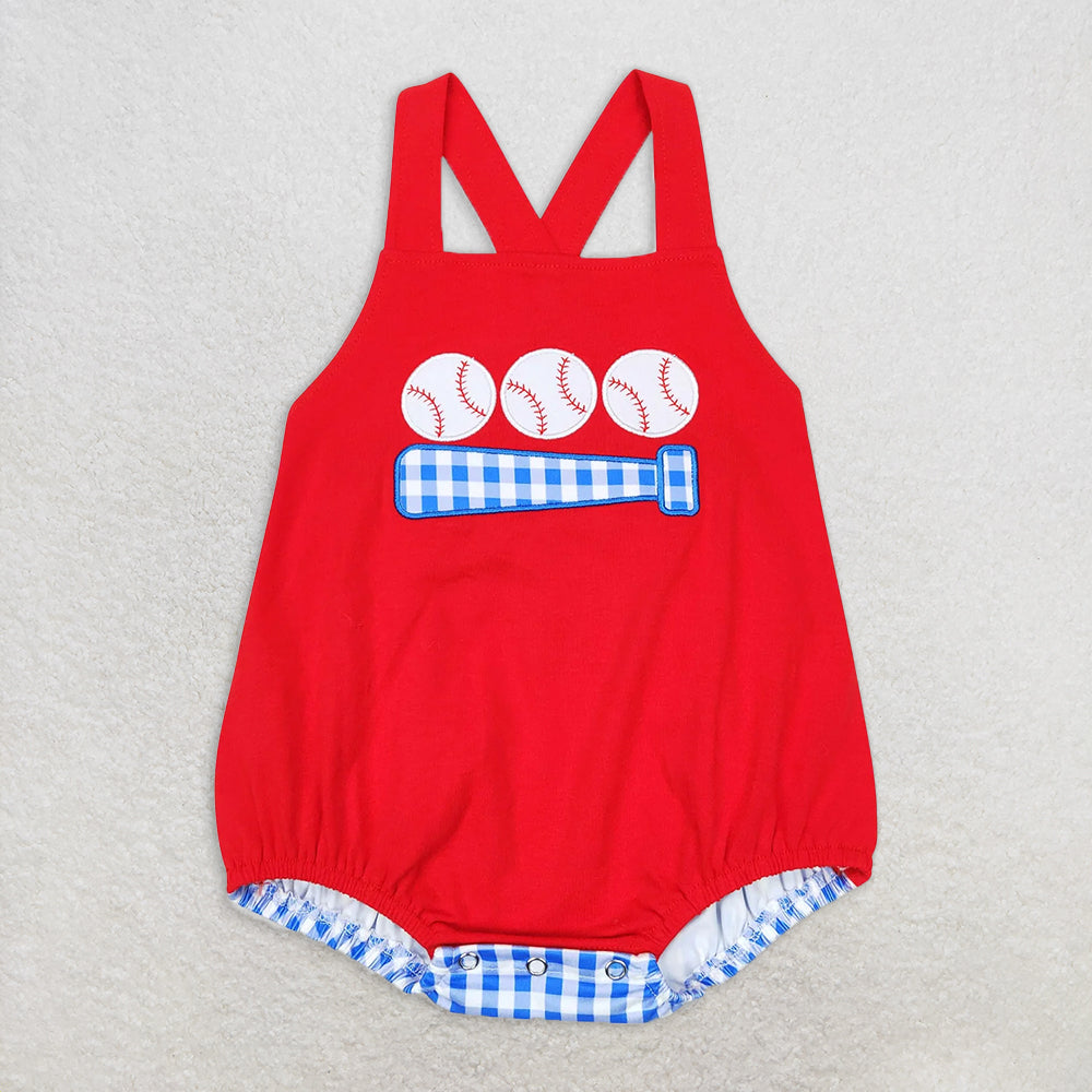 RTS NO MOQ Baby Girls Summer Bodysuit SR0687 Red Baseball Plaid Straps Rompers