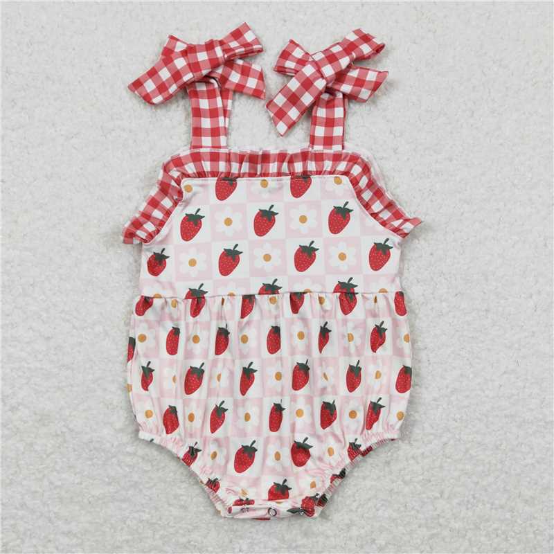 RTS NO MOQ Baby Girls Summer Bodysuit SR0978 Strawberry Red Checkered Straps Summer Rompers