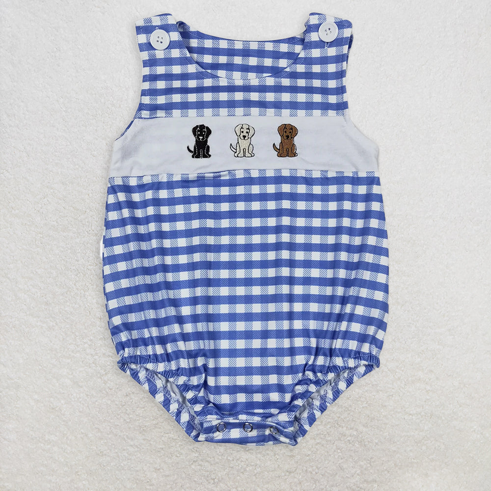 6.11 RTS NO MOQ Baby Boys Summer Bodysuit SR1048 Dogs Blue Checkered Sleeveless Rompers