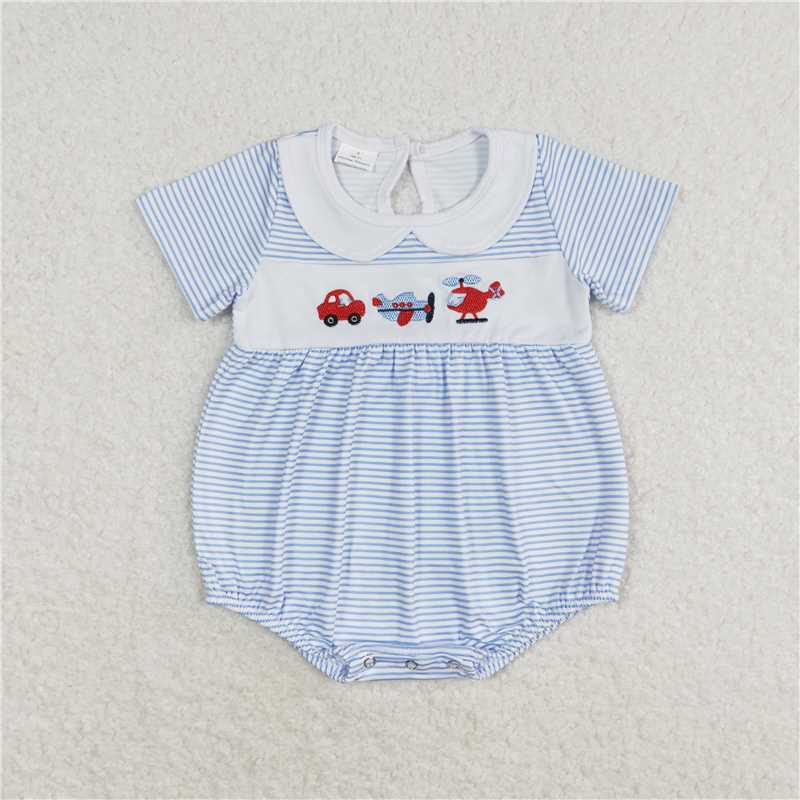 RTS NO MOQ Summer Sibling Baby Boys Blue Stripes Transpotation Sibling Brother Clothes Sets