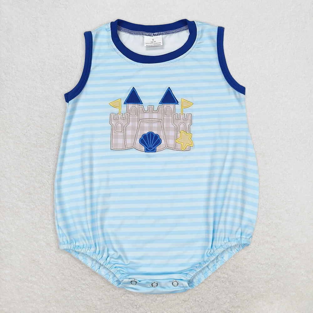5.26 RTS NO MOQ Baby Boys Summer Bodysuit SR1318 Blue Stripes Castle Beach Rompers