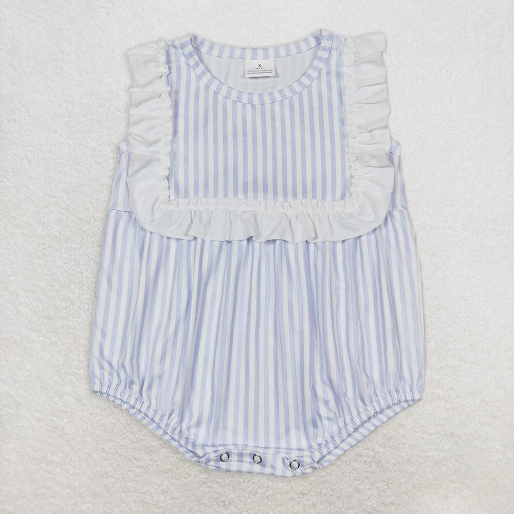 RTS NO MOQ Baby Girls Summer Bodysuit SR1363 Blue Sleeveless Stripes Ruffle Bib Rompers