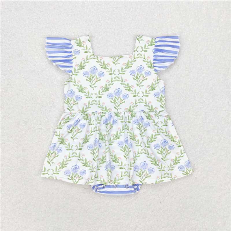 RTS NO MOQ Baby Girls Summer Bodysuit SR1371 Blue Green Flowers Flutter Sleeve Rompers