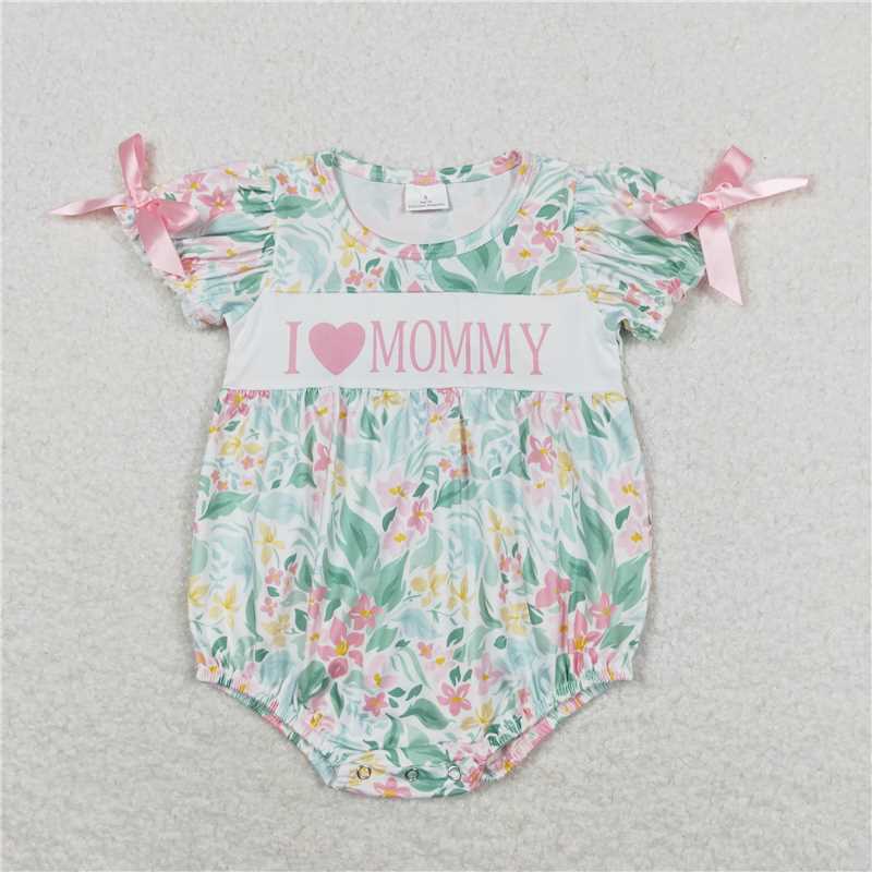 RTS NO MOQ Summer Sibling Baby Girls Pink Flowers I Love Mommy Rompers Dresses