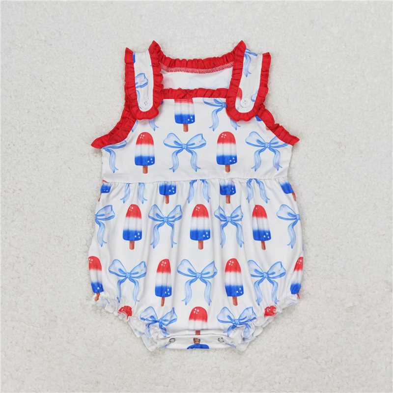 RTS NO MOQ Baby Girls Summer Bodysuit Sleeveless popsicle bow 4th of July Rompers