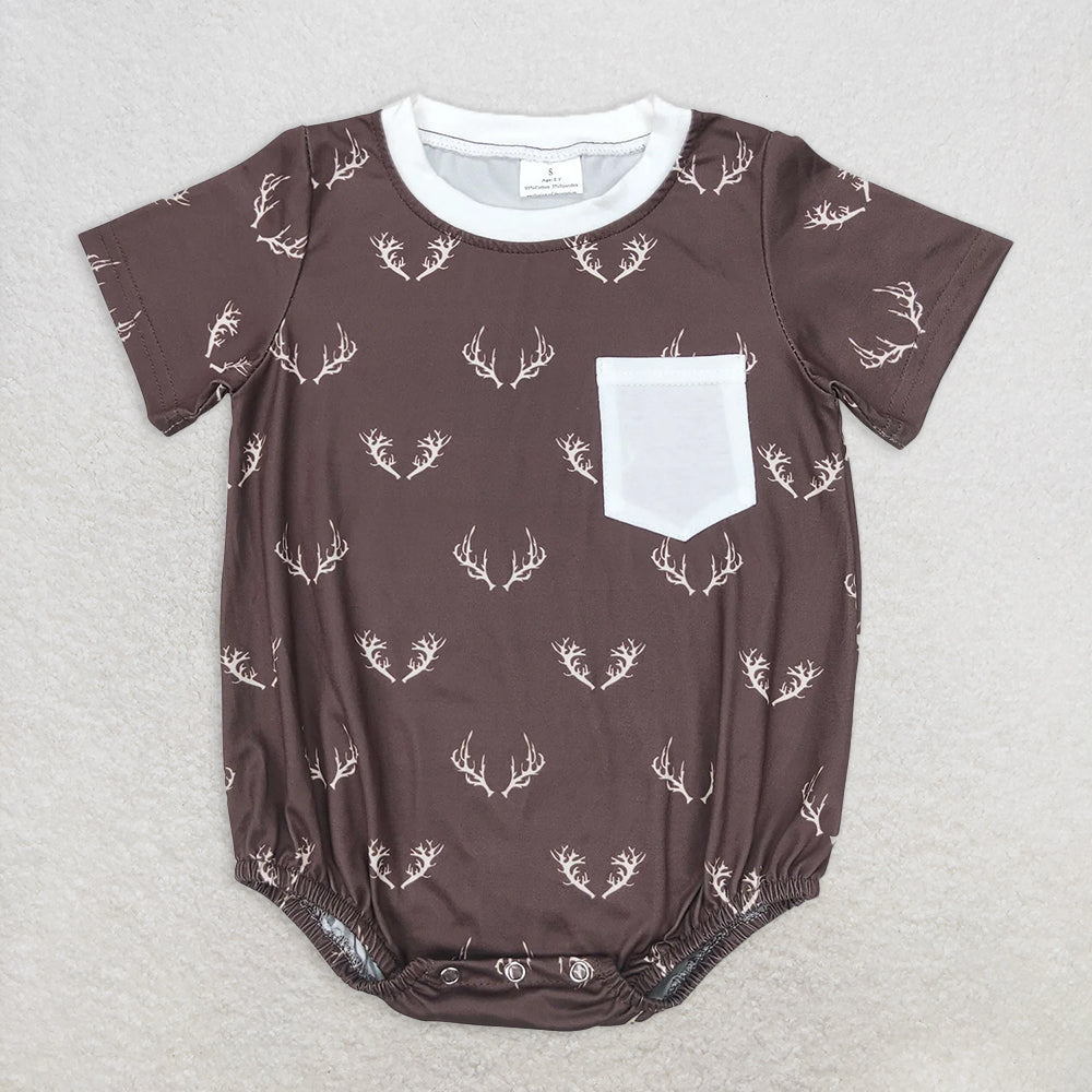 RTS NO MOQ Baby Boys Summer Bodysuit SR1614 Brown Deer Short Sleeve Pocket Rompers