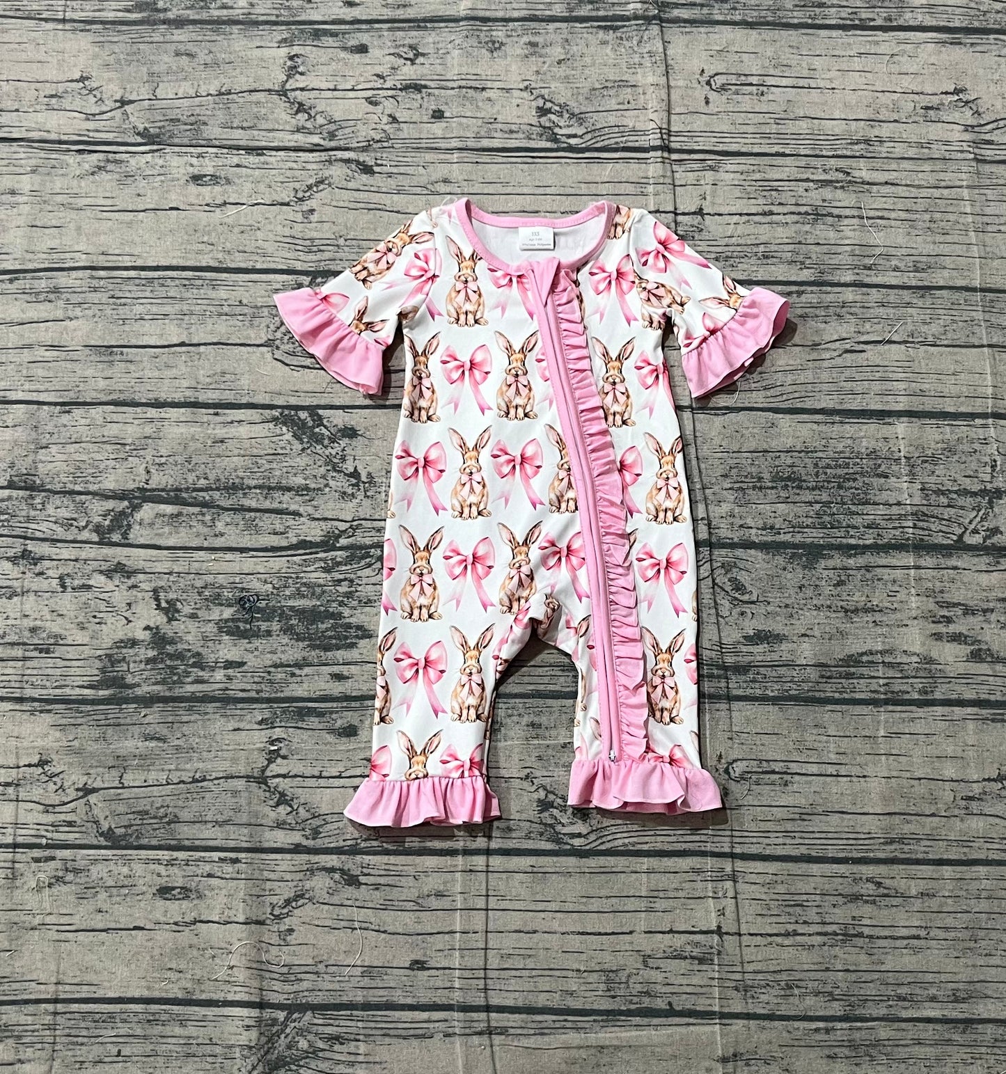 Baby Girls Infant Short Sleeves Rabbits Bows Zipper Pink Ruffle Romper RTS