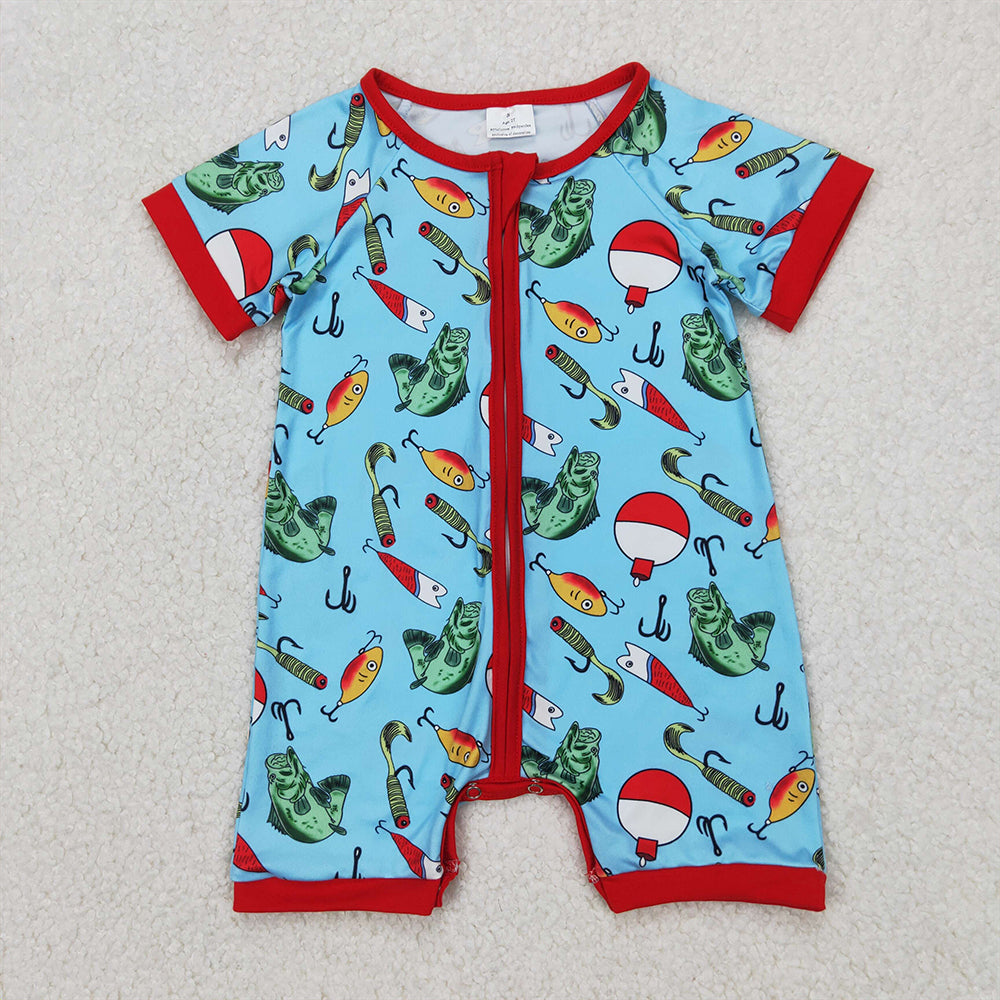RTS NO MOQ Baby Boys Summer Bodysuit SR2707 Blue Fishing Float Zip Rompers
