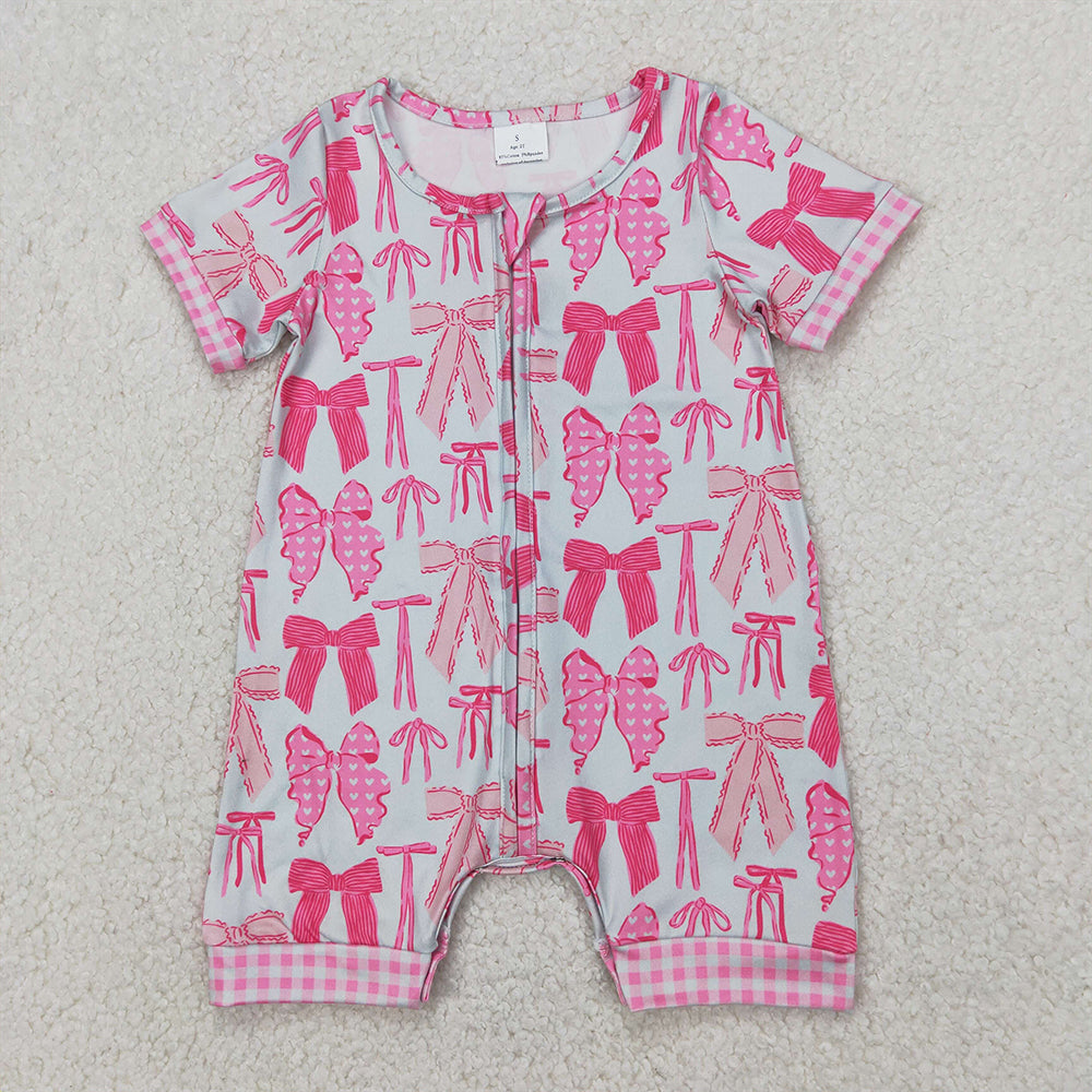 RTS NO MOQ Baby Girls Summer Bodysuit SR2771 Pink Bows Zip Short Sleeve Rompers