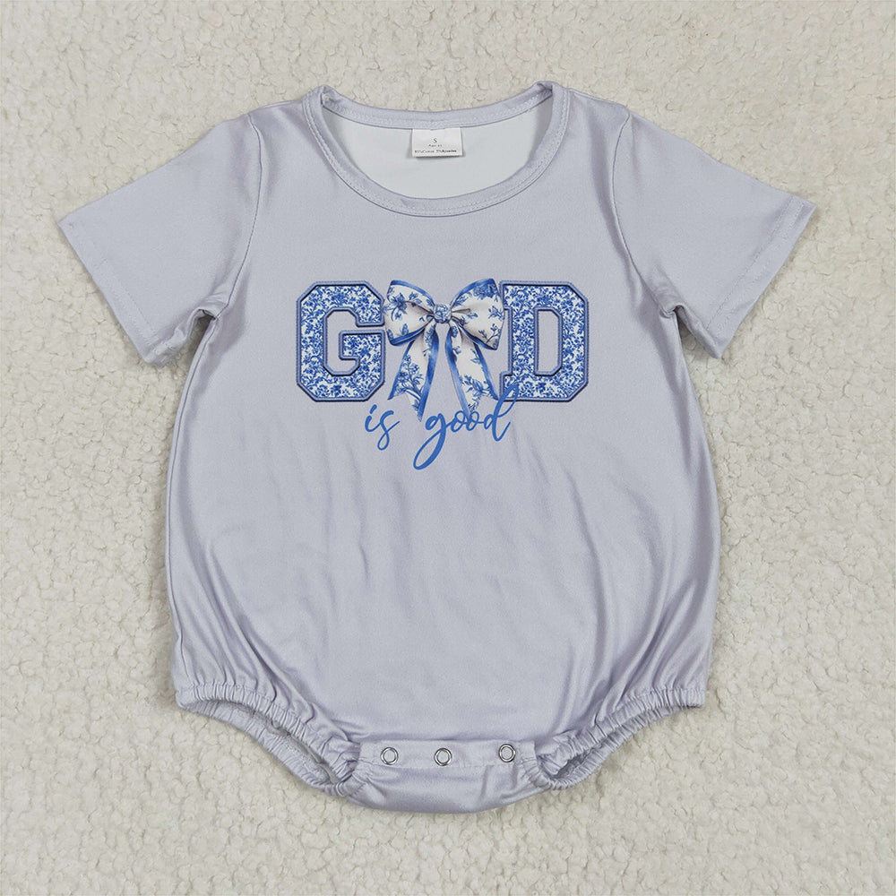 RTS NO MOQ Baby Girls Summer Bodysuit SR2772 Grey God Is Good Bow Rompers