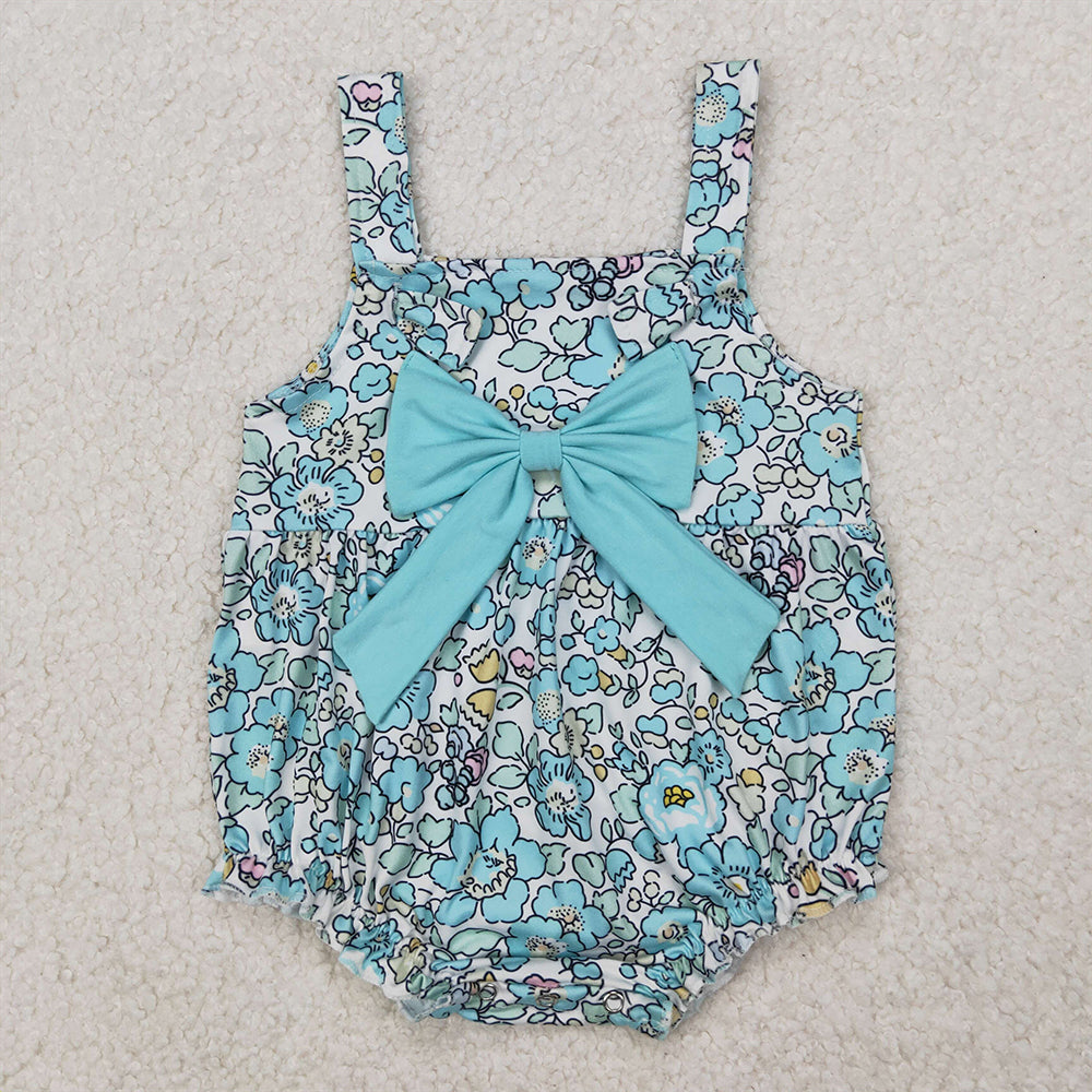 RTS NO MOQ Summer Sibling Baby Girls Blue Flowers Big Bow Rompers Dresses