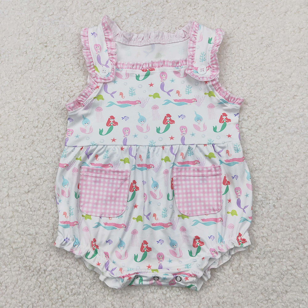 RTS NO MOQ Baby Girls Summer Bodysuit SR2880 Sleeveless Plaid Pockets Octopus Fish Turtle Straps Rompers