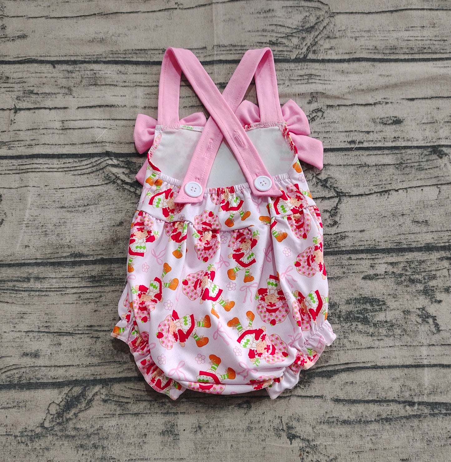 4.8 SR2933 Baby Infant Girls Pink Bows Strap Bows Strawberry Ruffle Rompers Pre order