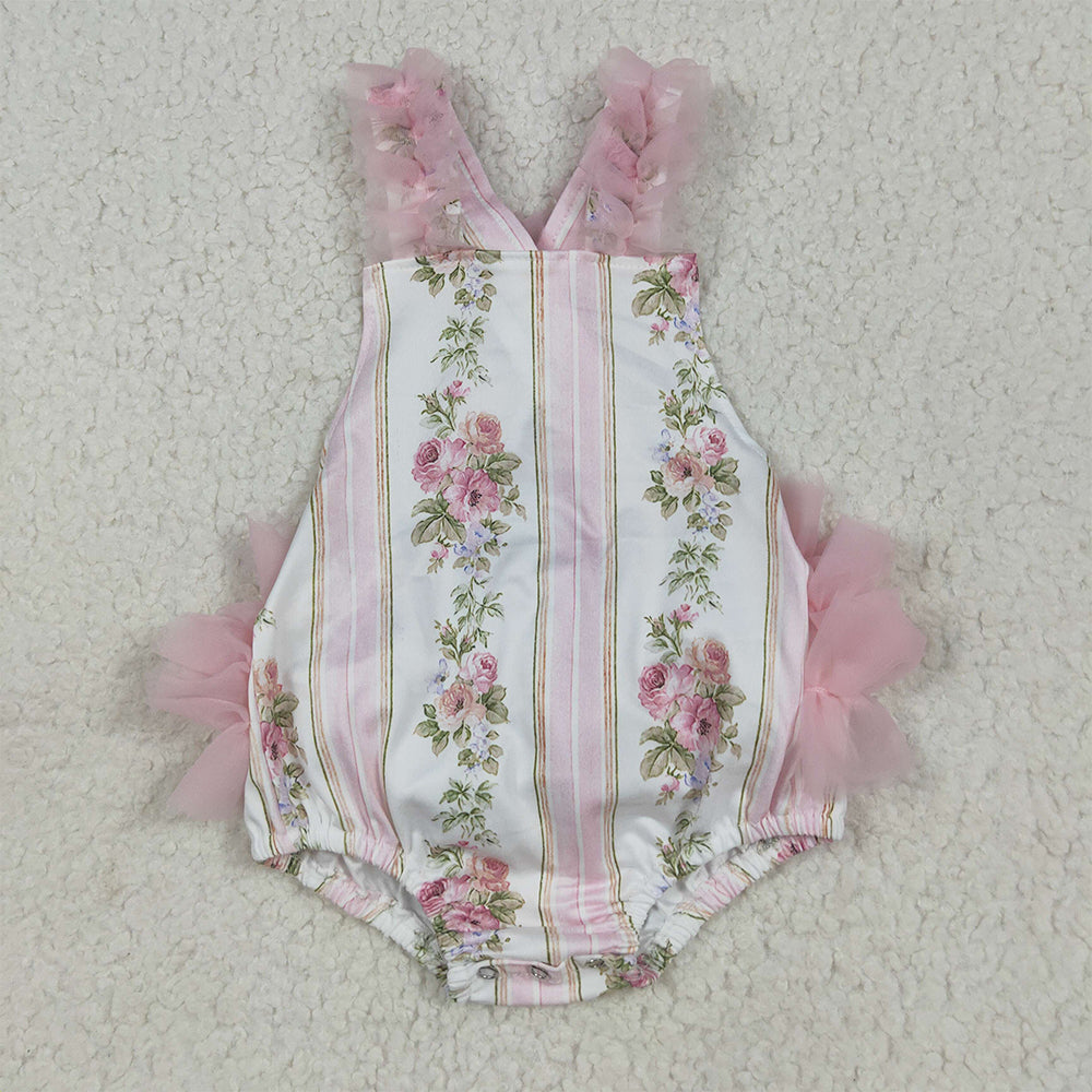 7.15 RTS NO MOQ Summer Baby Girls Bodysuit SR2964 Pink Tulle Strap Floral Stripe Ruffle Rompers