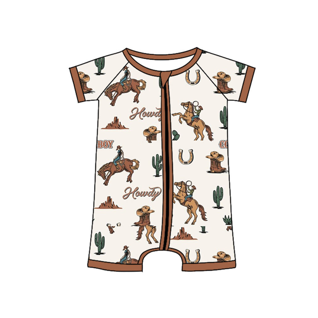 4.12 SR2971 Baby Infant Boys Brown Short Sleeves Horse Rodeos Cactus Zipper Rompers Pre order