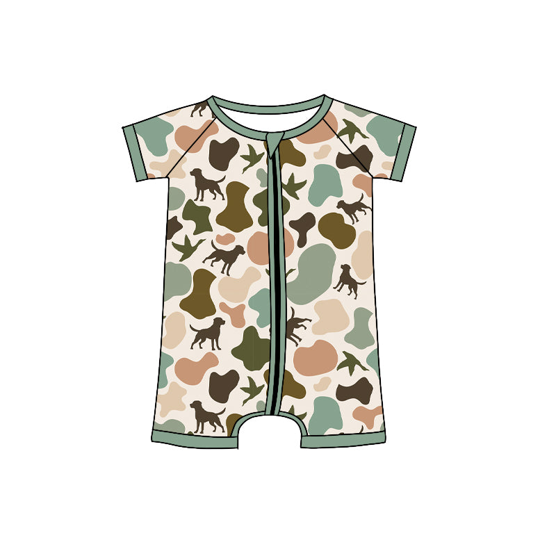 4.12 SR2972 Baby Infant Boys Short Sleeves Green Dogs Ducks Camo Zipper Rompers Pre order