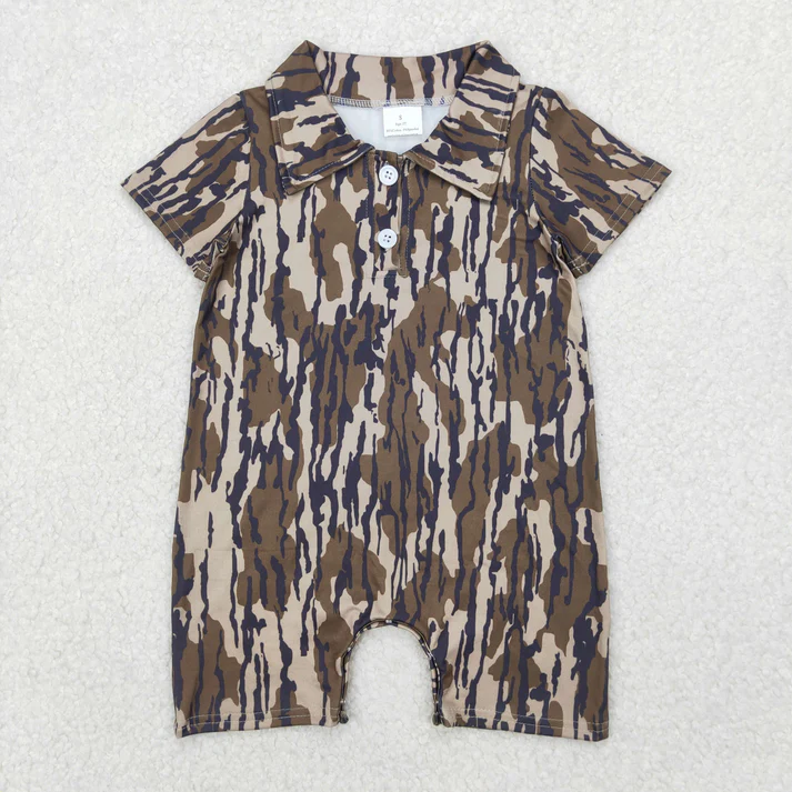 RTS NO MOQ Summer Sibling Baby Boys Short Sleeves Bottomland Camo Button Polo Shirts Top Rompers