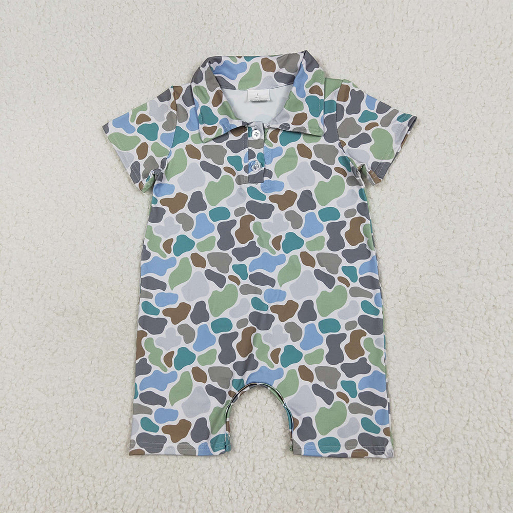 6.16 RTS NO MOQ Baby Boys Summer Bodysuit SR2980 Short Sleeves Blue Camo Button Rompers