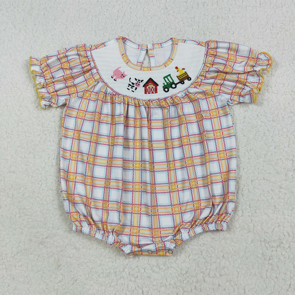 7.15 RTS NO MOQ Summer Baby Girls Bodysuit SR2982 Fall Plaid Cows Farm Smocked Rompers