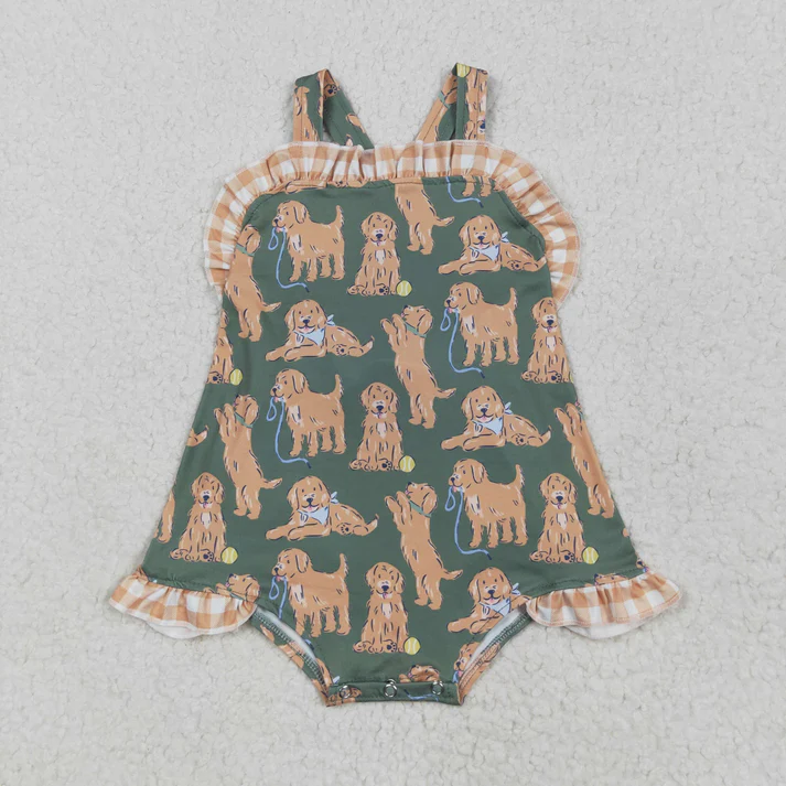 RTS NO MOQ Summer Sibling Baby Girls Green Sleeveless Dogs Bows Tunic Khaki Plaid Ruffle Shorts Sets Rompers