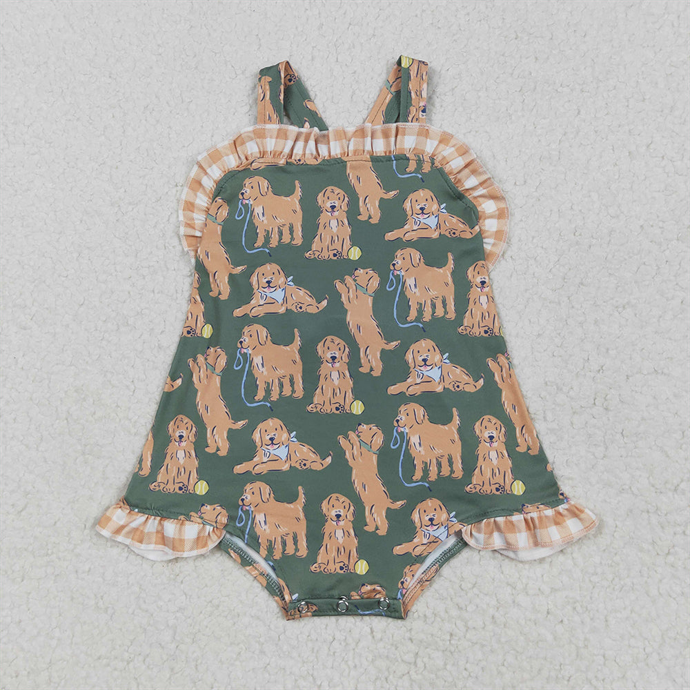 RTS NO MOQ Baby Girls Summer Bodysuit SR2986 Green Strap Plaid Dogs Ruffle Rompers