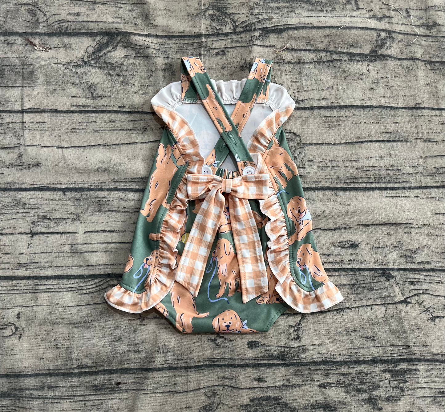 4.21 SR2986 Baby Infant Girls Green Strap Dogs Ruffle Rompers Pre order