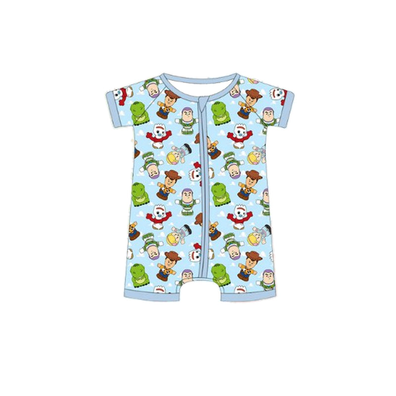 4.10 SR2988 Baby Infant Boys Blue Short Sleeves Cartoon Dolls Zipper Rompers Pre order