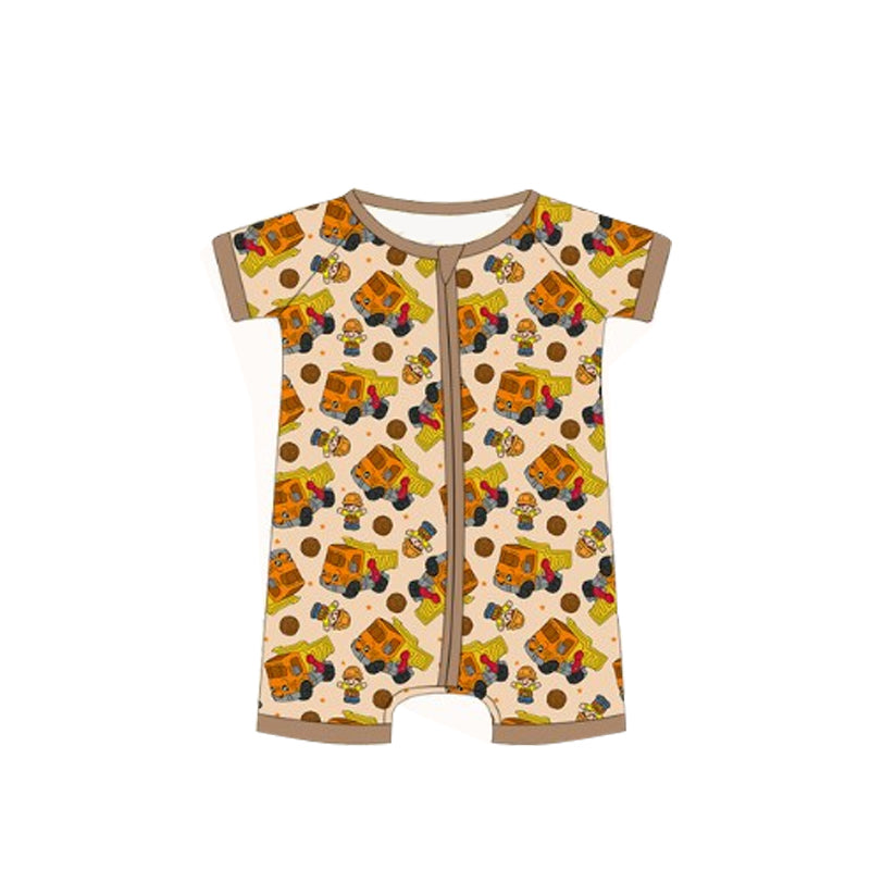 4.10 SR2989 Baby Infant Boys Khaki Short Sleeves Scarecrow Trucks Zipper Rompers Pre order