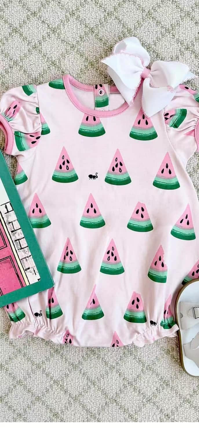 4.10 SR2993 Baby Infant Girls Pink Watermelons Ruffle Rompers Pre order