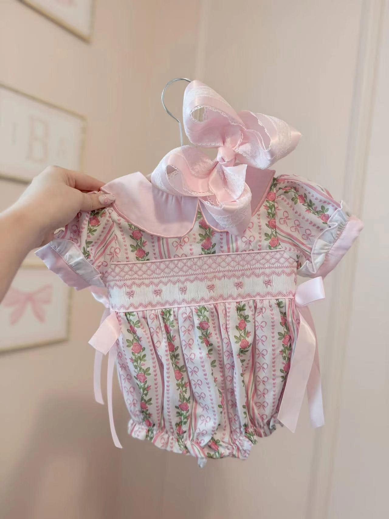 4.10 SR2994 Baby Infant Girls Pink Floral Bows Ruffle Rompers Pre order