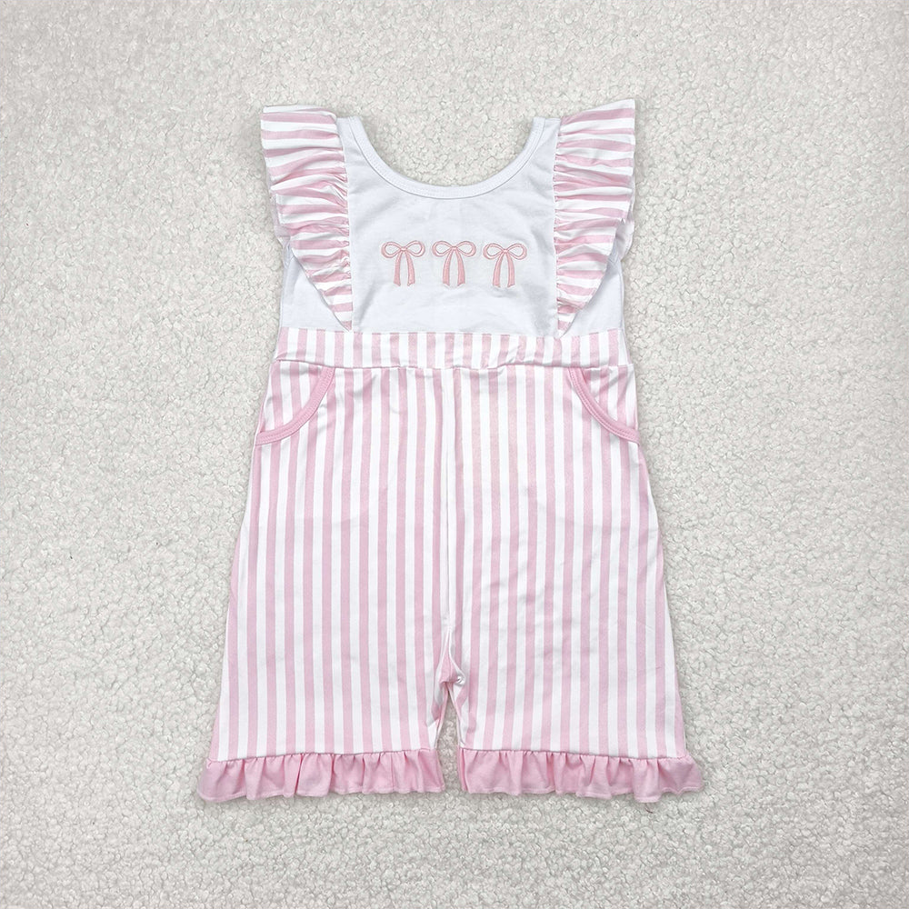 RTS NO MOQ Summer Baby Girls Bodysuit SR3025 Embroidery Flutter Sleeves Pink Bows Pockets Jumpsuits