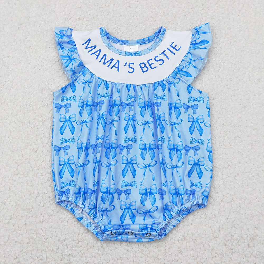 RTS NO MOQ Baby Girls Summer Bodysuit SR3039 Blue Mama's Bestie Bows Ruffle Rompers