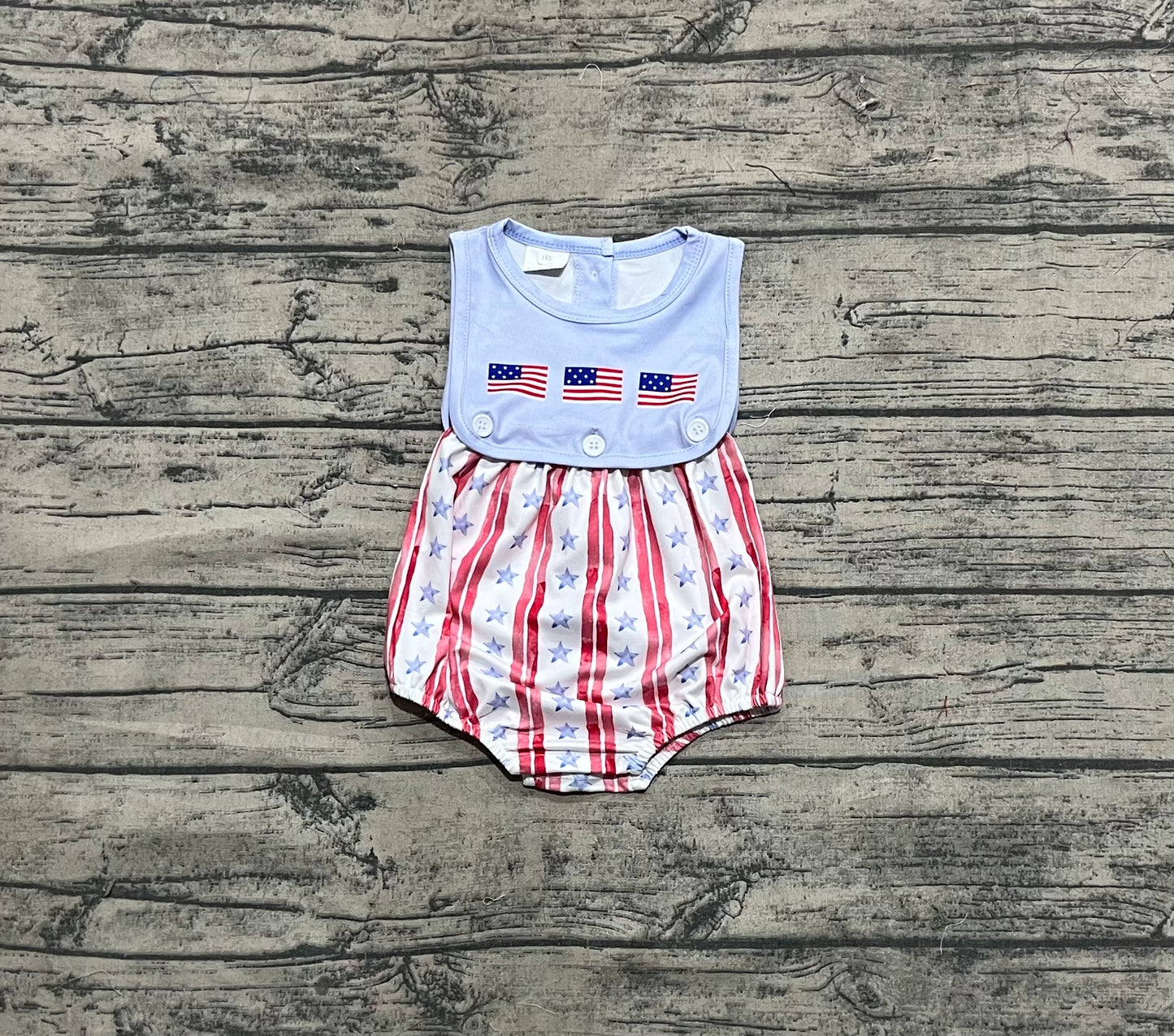 4.18 SR3049 Baby Boys Sleeveless Flags Red Stripe Stars 4th Of July Rompers Pre order