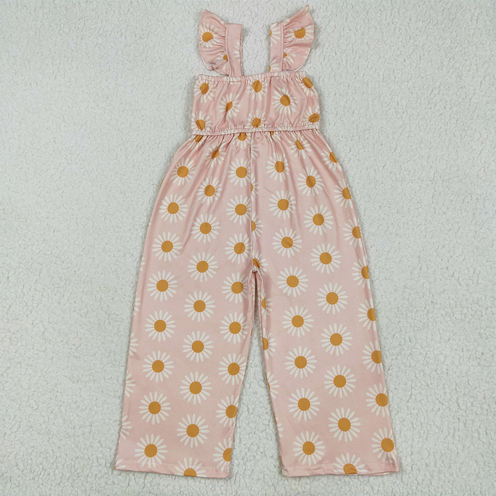 RTS NO MOQ Baby Girls Summer Bodysuit SR3052 Flutter Sleeves Peach Daisy Flowers Bell Jumpsuits