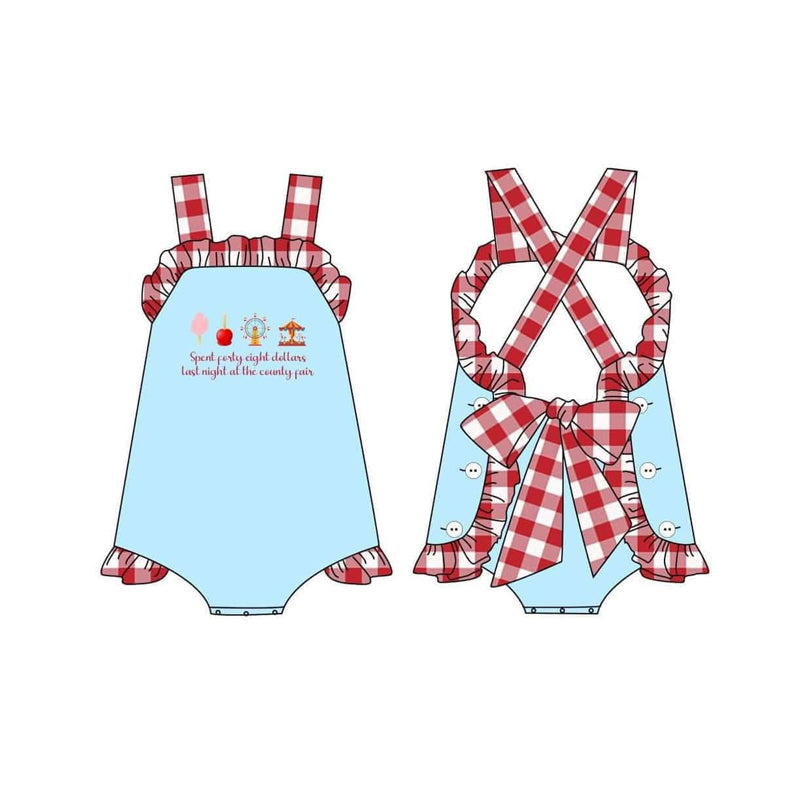 4.7 SR3055 Baby Girls Red Plaid Strap Park Backless Bow Ruffle Rompers Pre order