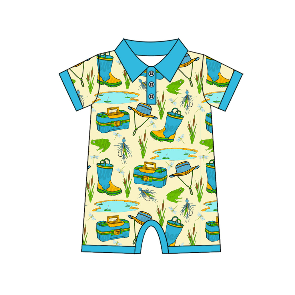4.8 SR3065 Baby Boys Blue Short Sleeves Button Fishing Rompers Pre order