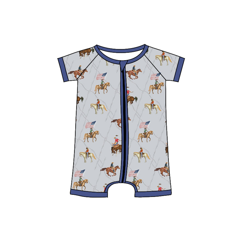 4.8 SR3066 Baby Boys Hot Blue Horse Rodeo Flags 4th Of July Zipper Rompers Pre order
