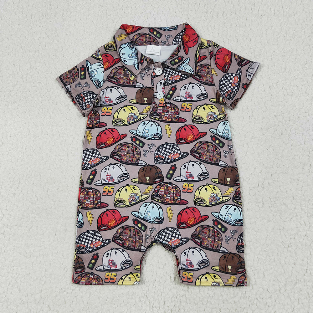 7.1 RTS NO MOQ Baby Boys Summer Bodysuit SR3067 Brown Short Sleeves Cartoon Hats Button Rompers