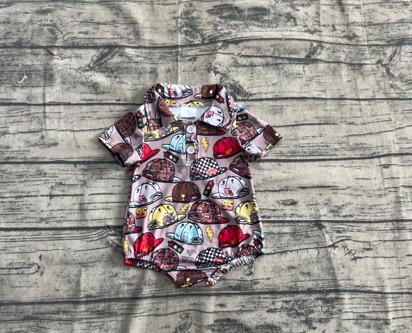 4.21 SR3068 Baby Boys Brown Short Sleeves Cartoon Hats Button Bummies Rompers Pre order