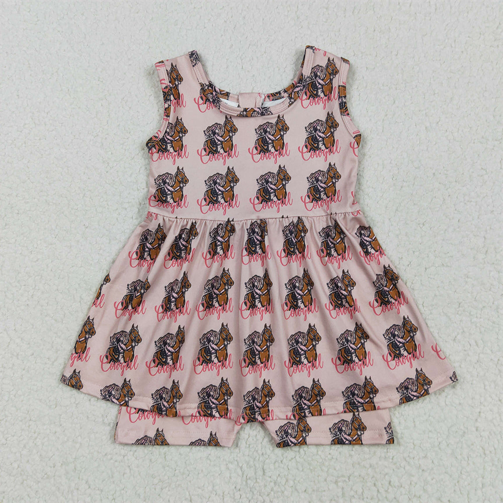 RTS NO MOQ Summer Baby Girls Bodysuit SR3072 Pink Sleeveless Horses Rodeos Cowgirl Jumpsuits