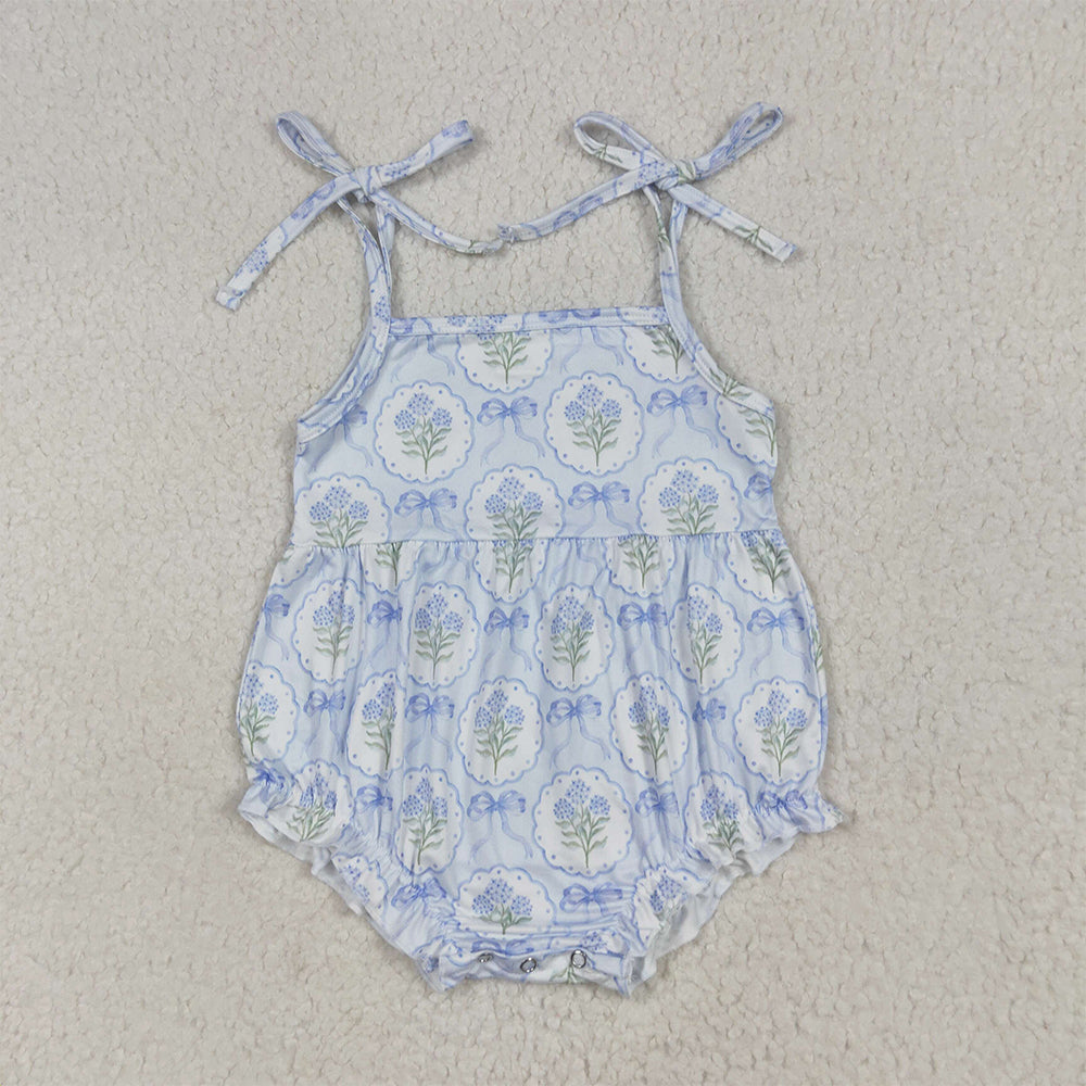 7.1 RTS NO MOQ Summer Baby Girls Bodysuit SR3117 Blue Strap Bows Flowers Plaid Ruffle Rompers